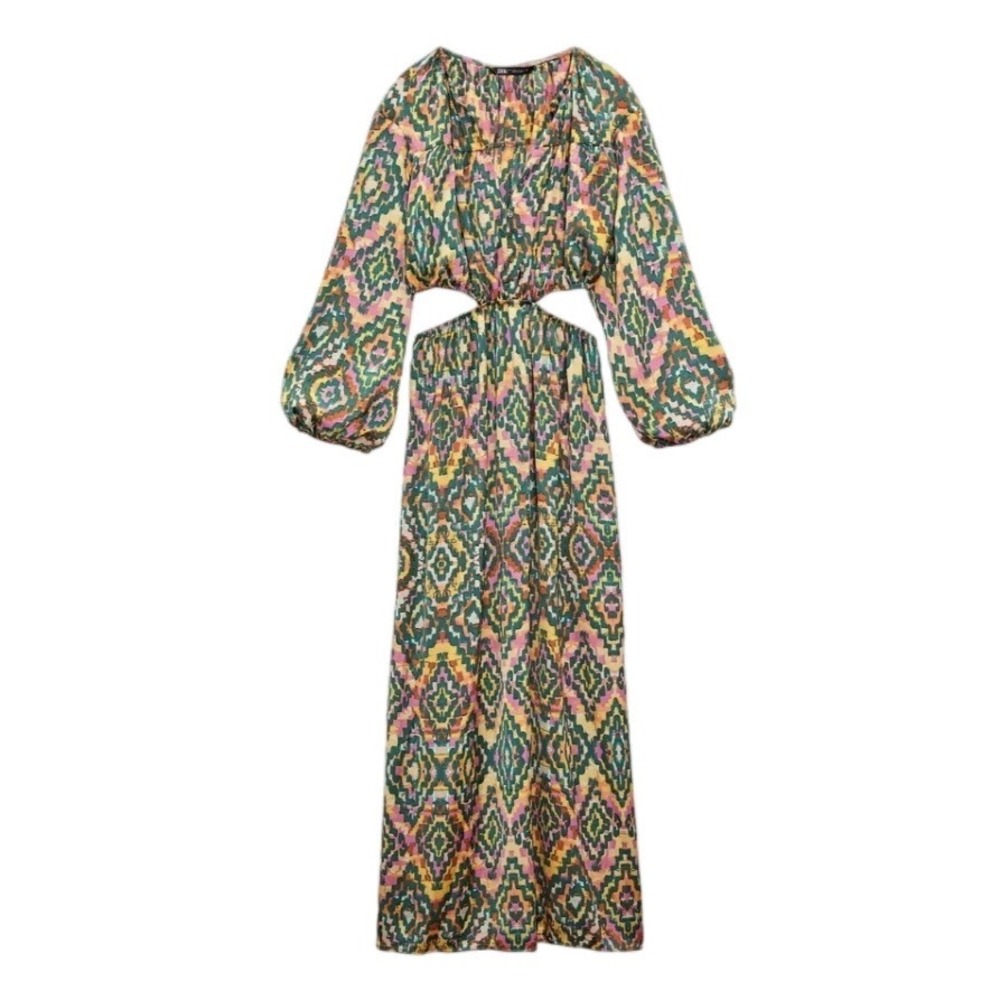 Zara Geometric Print Cut Out Maxi Dress Green Orange Pink Long Sleeve L 9878/174